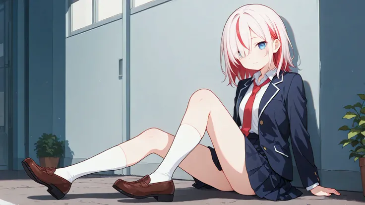 1girlsolo, full body, best detailed girl, red streaked hair, delicate detailed face, pale blue eyes, necktie, best quality,school uniform,medium hair,hair over one eye