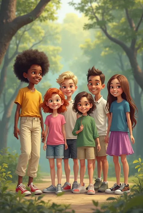 Realistic style An Afro-descendant girl in a yellow dress,  an albino boy in cream pants, blusa azul claro, a red-haired girl in a pink blouse and denim shorts, a blond boy in a green blouse and beige shorts, an Asian boy in a white blouse and black shorts...
