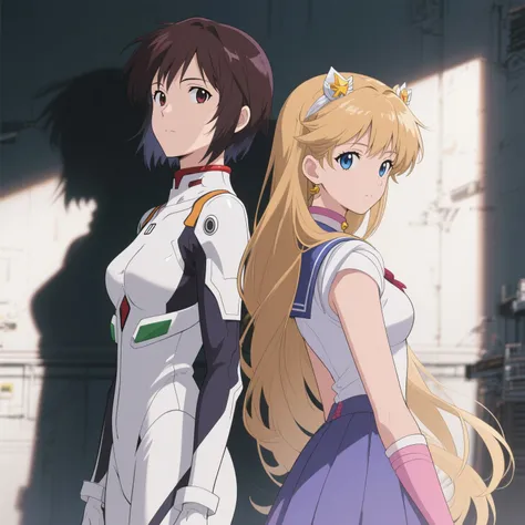 cinematic, (masterpiece), (best quality), (ultra-detailed), very aesthetic, illustration, realistic illustration, perfect composition, intricate details, absurdres, detailed face, (anime, masterpiece, intricate:1.3), (best quality, hires textures, high detail:1.2), (4k),(incredibly detailed:1.4),detailed eyes, iris,realistic shadow,セーラームーンとMisato Katsuragi_EVANGELIONが背中合わせで立っている