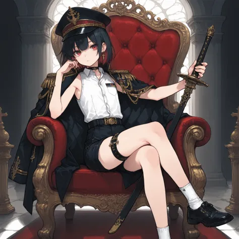 ((Best quality)), ((masterpieces)), (detailed), perfect face, SOLO, ((femboy)), tomgirl, ANIME, beautiful detailed eyes, BOB hair, BOBed hair, black hair, RED EYES, BARE thighs, (((BARE LEG))), ((BLACK short pants)), (((dress shirt))), ((Flat chest)), Chok...