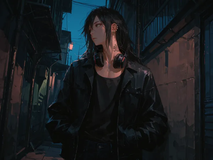 upper shot, dutch angle, looking away, makes an aesthetic, Master piece, Best Quality, ultra detailed, a handsome man, (man:1.6), solo, male long Hair, black hair, male messy hair, mouth slightly open, toned, black tank top, black jacket, piercing in one e...