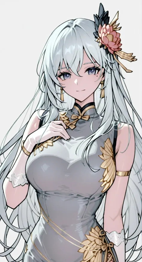 mole under eye、Armlet for left arm、bracelet for right wrist、China Dress,anime girl Picture of a woman with long white hair and a flower in her hair, gray hairの deity, Anime Goddess, gray hairの, gray hairの lady, gray hair, Zodiac knight portrait girl, Haise...