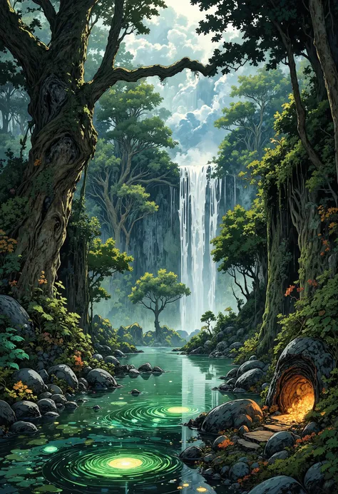 A first-person view or from a height, as if the viewer had accidentally stumbled upon a bubbling mysterious and dangerous poisonous hot spring hidden deep in the rainforest. The spring is surrounded by dense, lush vegetation with giant palm trees, ferns wi...