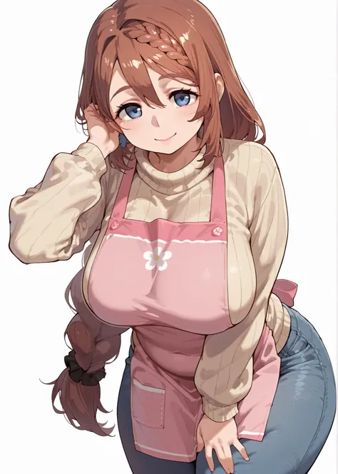 perfect anatomy, master piece, top quality, super fine illustration, 

blank background, white background,
 
solo, upper body, 

 (super creek), brown hair, braided bangs, 
 (sagging breasts:0.5), mature, plump, 

beige sweater, pink apron, denim, 





sm...