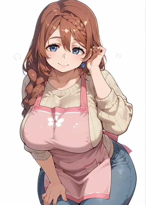 perfect anatomy, master piece, top quality, super fine illustration, 

blank background, white background,
 
solo, upper body, 

 (super creek), brown hair, braided bangs, 
 (sagging breasts:0.5), mature, plump, 

beige sweater, pink apron, denim, 





sm...