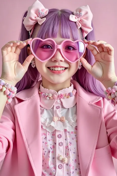 1 girl,decora,pink hearts glasses,smile,artist photoshoot,