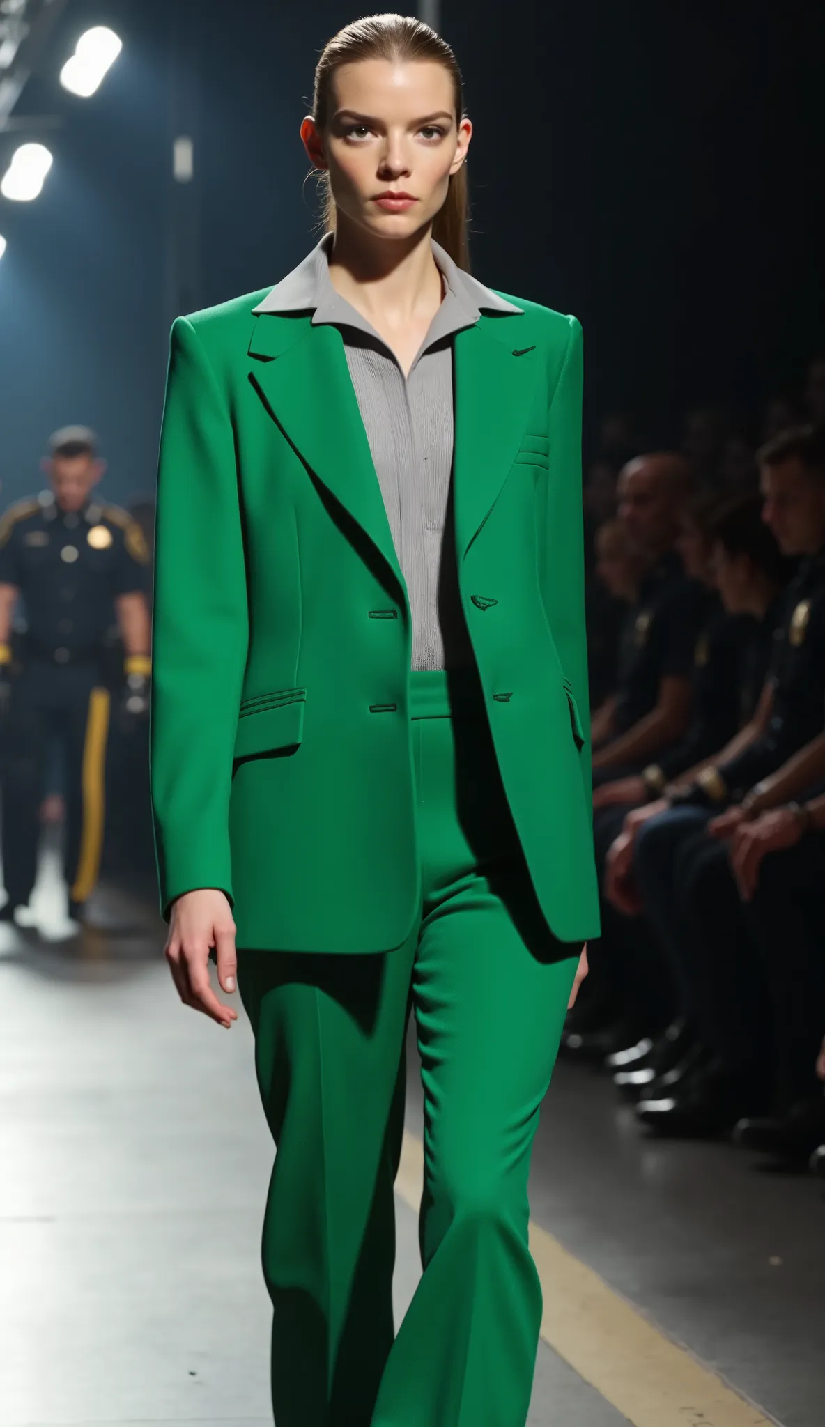 Hyper realistic Anya Taylor-Joy in a green tuxedo and a gray shirt on a runway in the background people dressed as police officers upper body in a cinematic 8k
