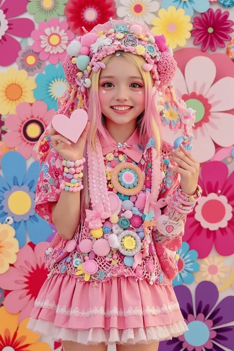 1 girl,decora,holding pink heart,smile,artist photoshoot,in takashi murakami style studio