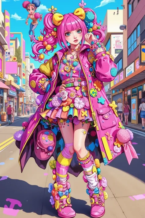 1 girl,decora,fashion portrait,in street,Hirohiko Araki style,JoJo's Bizarre Adventure style,official artwork