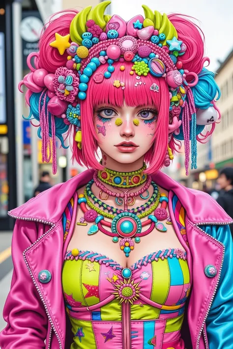 1 girl,decora,fashion portrait,in street,Hirohiko Araki style,JoJo's Bizarre Adventure style,official artwork