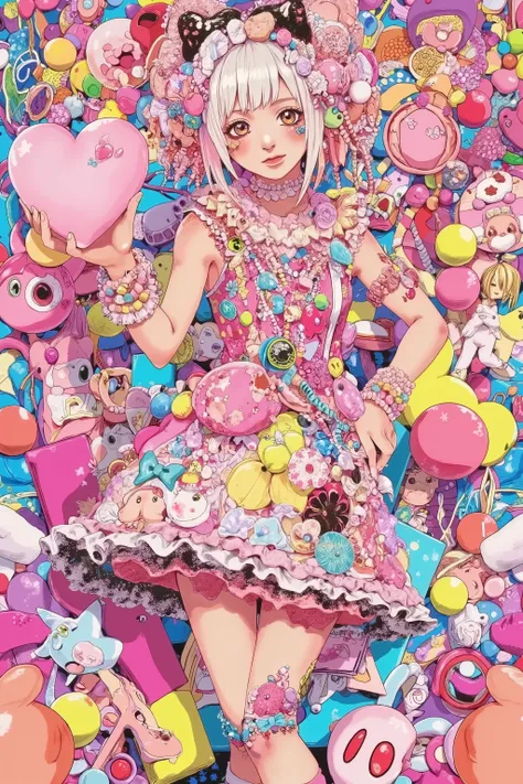 1 girl,fullbody,decora,holding pink heart,smile,fashion image,Hirohiko Araki artstyle,JoJo's Bizarre Adventure artstyle,official artwork,in takashi murakami style studio,