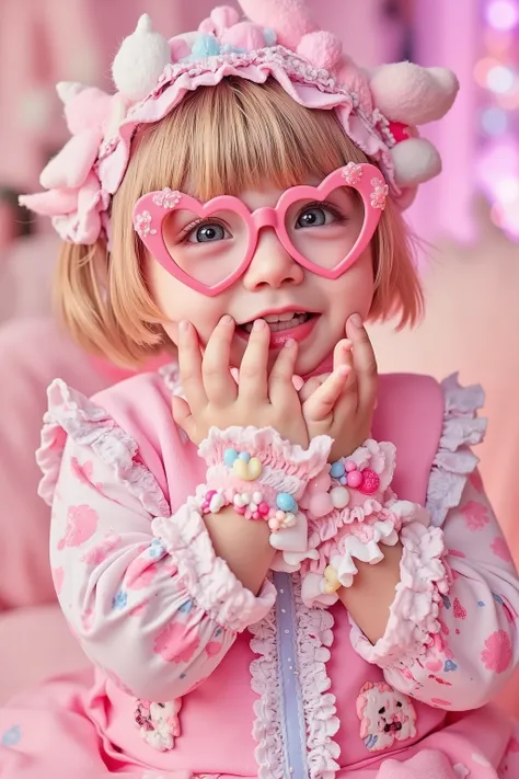 1 baby,decora,pink hearts glasses,smile,artist photoshoot,