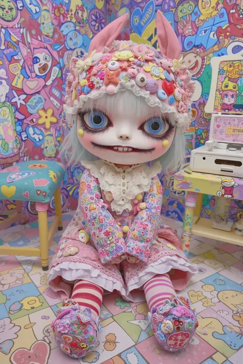 cute and creepy doll,decora,artist photoshoot,in takashi murakami style studio