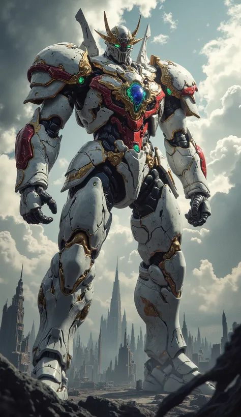 A hyper-realistic concept art masterpiece depicting a Biomimetic humanoid Mecha, the Cryo-Forged Leonine Sentinel. Its design, inspired by a majestic lion, showcases a powerful male silhouette. The full-body armor, primarily gleaming alabaster white and cr...