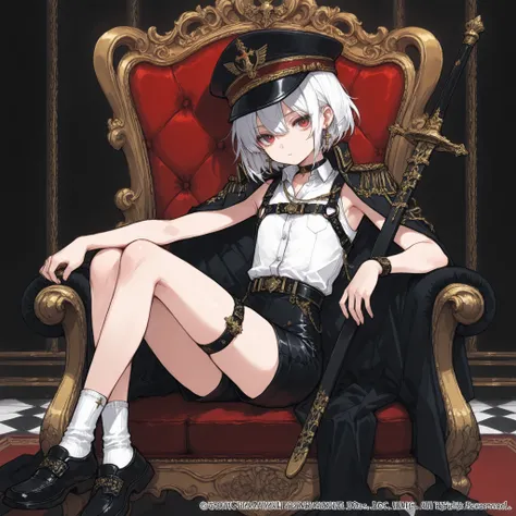 ((Best quality)), ((masterpieces)), (detailed), perfect face, SOLO, ((femboy)), tomgirl, ANIME, beautiful detailed eyes, BOB hair, BOBed hair, white hair, RED EYES, BARE thighs, (((BARE LEG))), ((BLACK short pants)), (((dress shirt))), ((Flat chest)), Chok...