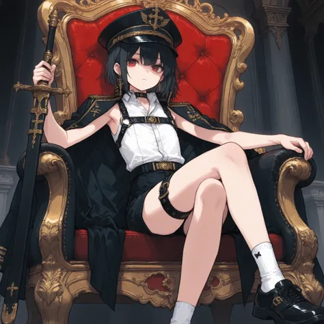 ((Best quality)), ((masterpieces)), (detailed), perfect face, SOLO, ((femboy)), tomgirl, ANIME, beautiful detailed eyes, BOB hair, BOBed hair, black hair, RED EYES, BARE thighs, (((BARE LEG))), ((BLACK short pants)), (((dress shirt))), ((Flat chest)), Chok...