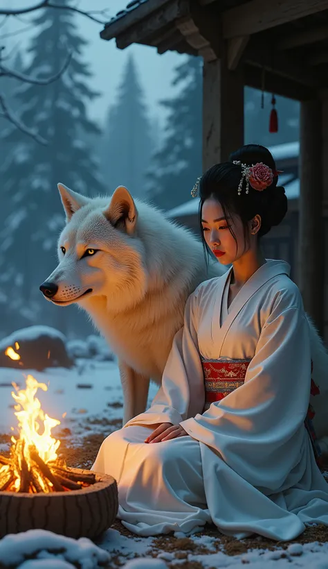 ((Beast Quality, HD, Sinematic)),    Perfect body,    ((Beautiful Geisha with white wolf (Okami)),    make-up face, lipstick,   

((white kimono)),    sitting with the white wolf (Okami), inside the old hut,    lighting a campfire,    snow shadow backgroun...