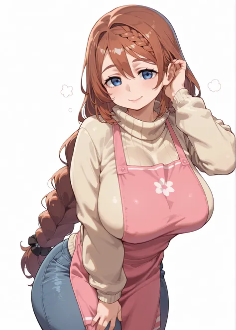 perfect anatomy, master piece, top quality, super fine illustration, 

blank background, white background,
 
solo, upper body, top of head, 

 (super creek), brown hair, braided bangs, 
 (sagging breasts:0.5), mature, (plump), 

beige sweater, pink apron, ...
