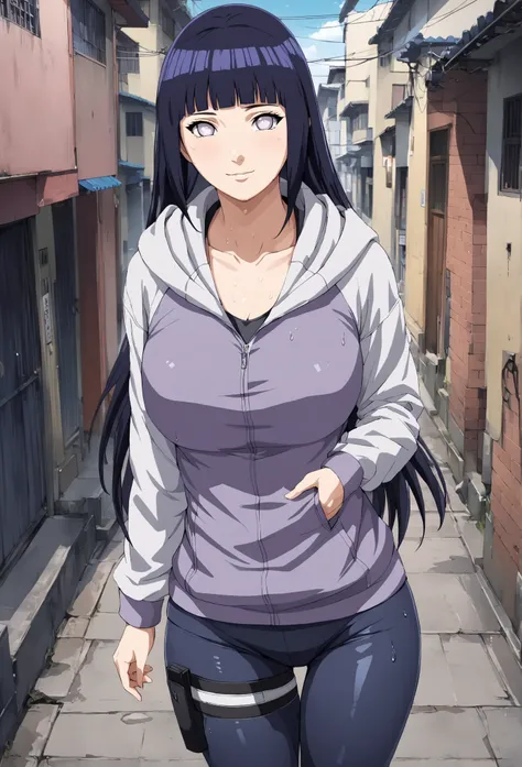 1girl, Hinata Hyuga, long hair, blunt bangs, dark blue hair, white eyes,  konohagakure symbol, purple and white hooded jacket, large breasts, big butt, tight leggings, sweaty butt, sweaty leggings, smelly butt holster post-workout, hoodie, zipper, seductiv...