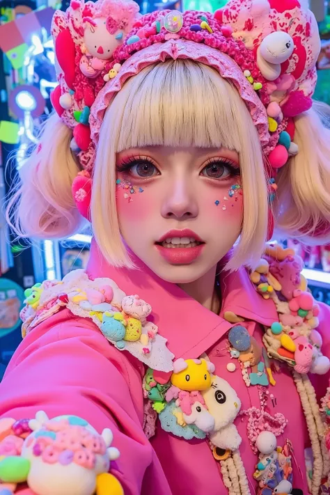 1 girl,decora,smile,heavy makeup, face shot,pop,artist photoshoot,decora background