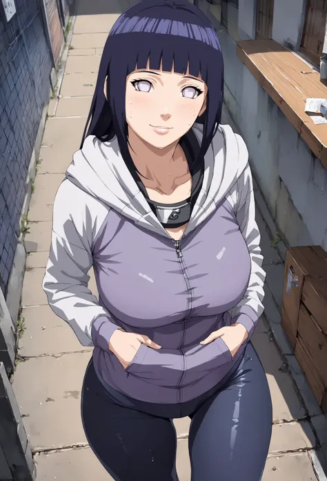1girl, Hinata Hyuga, long hair, blunt bangs, dark blue hair, white eyes,  konohagakure symbol, purple and white hooded jacket, big breasts, big butt, tight leggings, sweaty butt, sweaty leggings, smelly butt holster post-workout, hoodie, zipper, seductive ...