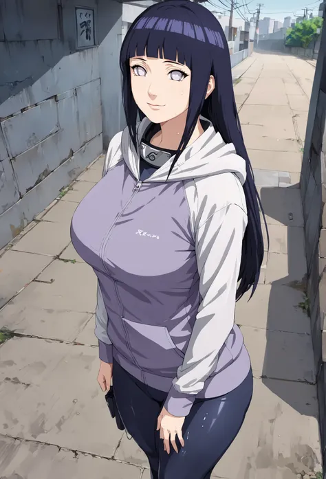 1girl, Hinata Hyuga, long hair, blunt bangs, dark blue hair, white eyes,  konohagakure symbol, purple and white hooded jacket, big breasts, big butt, tight leggings, sweaty butt, sweaty leggings, smelly butt holster post-workout, hoodie, zipper, seductive ...