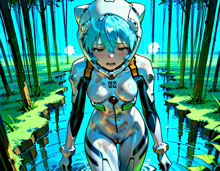 solo, evangelion art style, White plugsuit, skintight, tight fit, small breast, Rei Ayanami, red eyes, blue hair, Short hair, cute face, lovely face, white-skinned pretty girl, Short stature,Mass sweat,covered in sweat,steam, wet_skin, sweatdrop, A huge am...