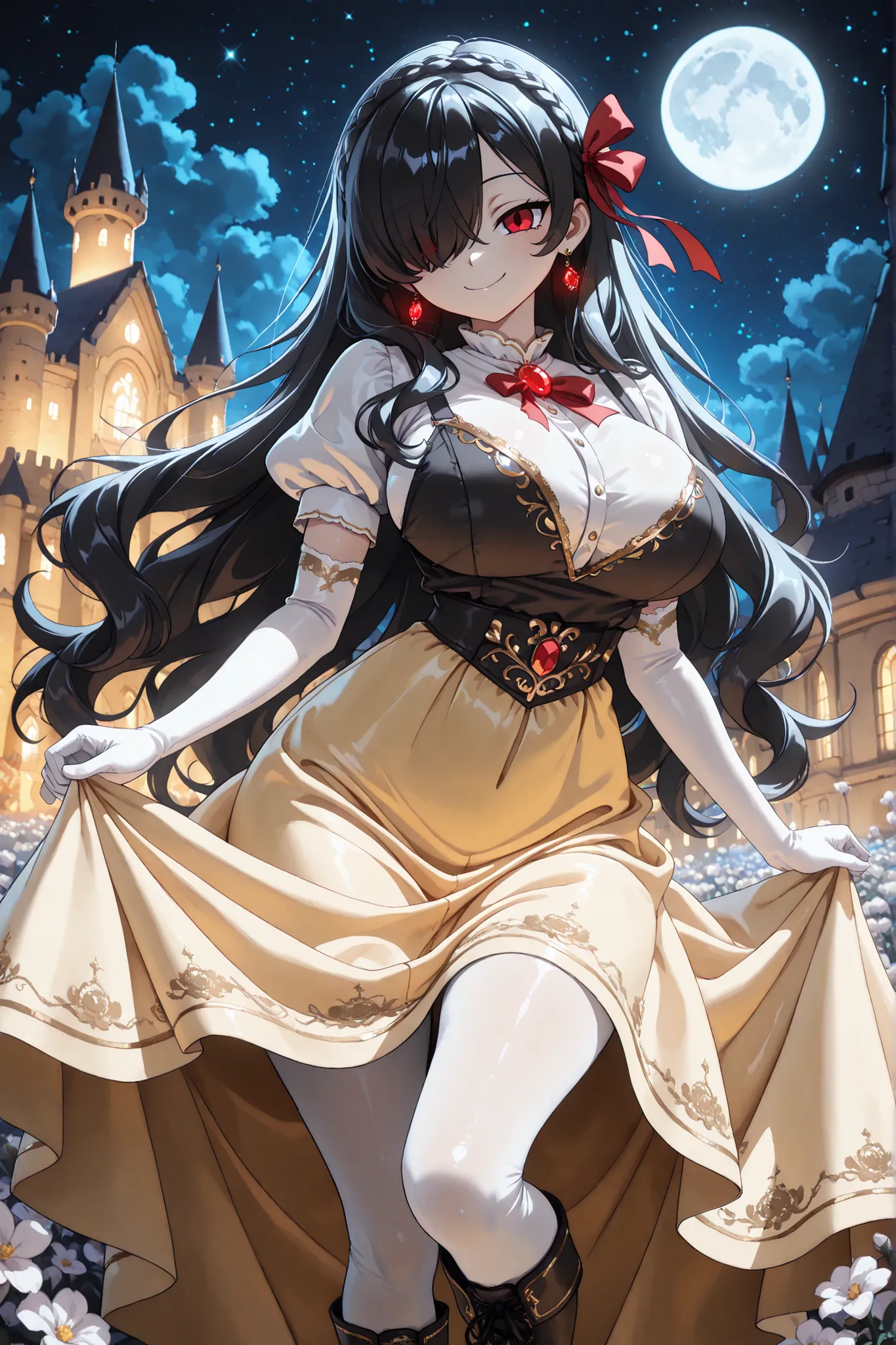 1girl, Kuroki Monika, black hair, very long hair, hair over right eye, red eyes, large breasts, (petite but curvy, very cute), solo, close up, night, castle, flowers, moon, starry night, innocent expression, soft lighting, subtle shadows, youthful appeara...