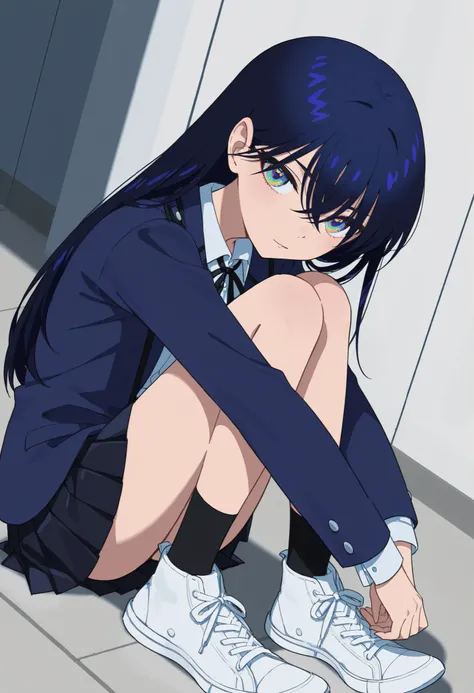 solo、 meow、 Slim、long hair、hair between eyebrows、bangs、鈍いbangs、dark blue hair with coke、colorful eyes、dark blue jacket、black ribbon、Pleated Skirt、uniform、Black Sox、  white shoes  、