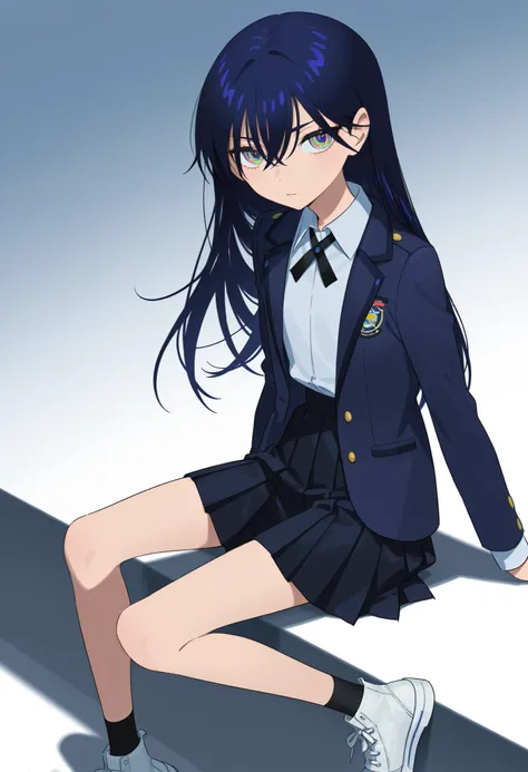 solo、 meow、 Slim、long hair、hair between eyebrows、bangs、鈍いbangs、dark blue hair with coke、colorful eyes、dark blue jacket、black ribbon、Pleated Skirt、uniform、Black Sox、  white shoes  、