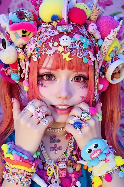 1 japanese girl,decora,beautiful and cute face,smile,heavy makeup, face shot,pop,artist photoshoot,decora background