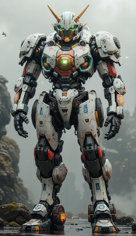 An awe-inspiring, full-body depiction of a biomimetic humanoid Mecha, projecting masculine power. Its design, inspired by legendary Super Robots, features organic biotech armor in a primary palette of brilliant white and deep sapphire blue, punctuated by f...