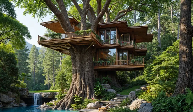 (巨木のレッドウッドの上にある巨大treehouse:2.0),(巨大で巨木treehouseと3階立て豪邸ビルの融合:2.0),(巨木のレッドウッドの上にある巨大treehouse:2.0),(treehouse:1.5),(Modern 3-storey mansion standing on a giant tree:1.5)、There is a luxurious pool、(A waterfall cascades down from natural bedrock:1.5),(巨木のレッドウッ...