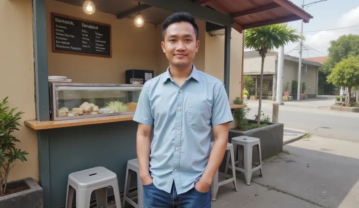 A cheerful Indonesian young man, around 28 years old, standing proudly in front of a small ketoprak street food stall. He has short neat hair, wears a clean collared shirt and jeans, and is smiling with a joyful expression. His posture shows confidence and...
