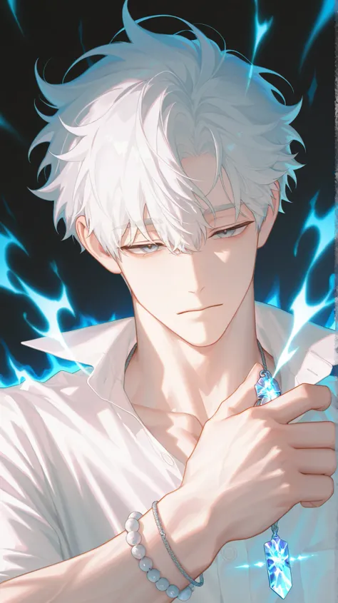 8K, solo, 혼자 있는 male, High Quality, male, bluish white hair, Pure white hair, side hair pushed out in two blocks, bangs that slightly cover the right eye, Grey Blue Eyes. Hair Blowing in the Wind, hem scattered in the wind, white formal shirt, has a modera...