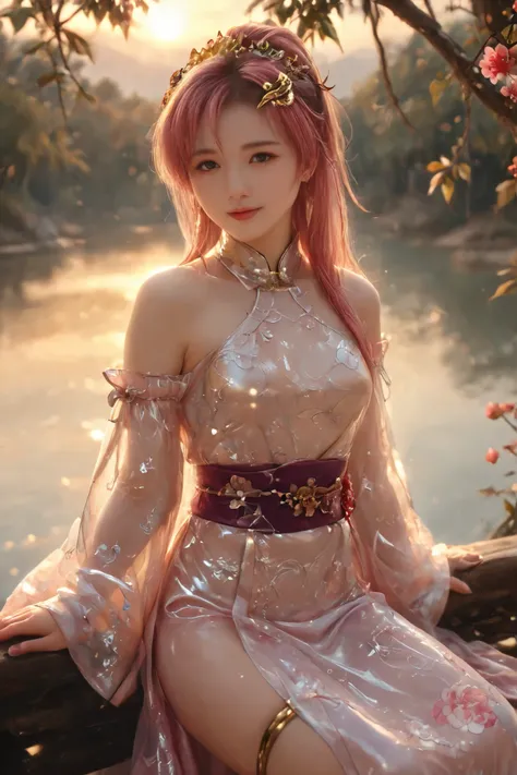 score_9, score_8_up, score_7_up, score_6_up, 1girl,lacus clyne, blue eyes, pink hair, hair ornament, gold hair ornament, ponytail,white dress, purple skirt, detached sleeves, bare shoulders,(Chinese girl,pink hair,beautiful eyes),long dress,long sleeves,cl...