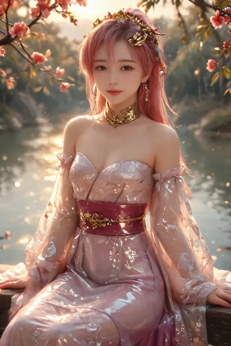score_9, score_8_up, score_7_up, score_6_up, 1girl,lacus clyne, blue eyes, pink hair, hair ornament, gold hair ornament, ponytail,white dress, purple skirt, detached sleeves, bare shoulders,(Chinese girl,pink hair,beautiful eyes),long dress,long sleeves,cl...