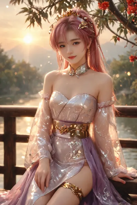 score_9, score_8_up, score_7_up, score_6_up, 1girl,lacus clyne, blue eyes, pink hair, hair ornament, gold hair ornament, ponytail,white dress, purple skirt, detached sleeves, bare shoulders,(Chinese girl,pink hair,beautiful eyes),long dress,long sleeves,cl...