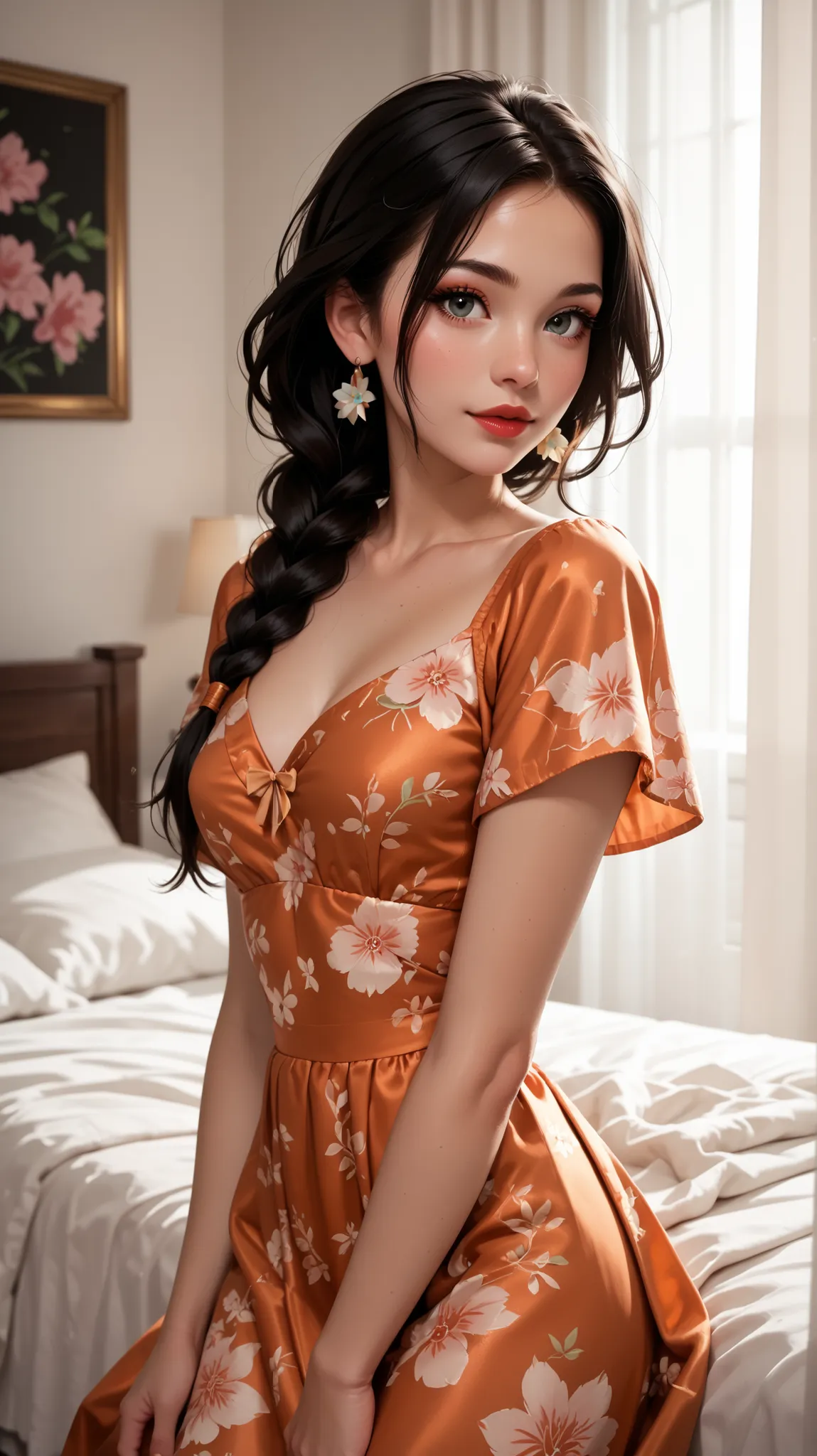Amazing portrait of a woman who is 30 years old and an adult and a sexy woman in a bedroom with a beautiful detailed face emphasised by some amazing makeup wearing an orange maxi dress with floral patterns and a square neckline that emphasizes her medium c...