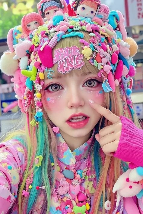 1 japanese girl,decora,beautiful and cute face,smile,heavy makeup,long hair,bangs, face shot,pop,artist photoshoot,decora background,studio lighting