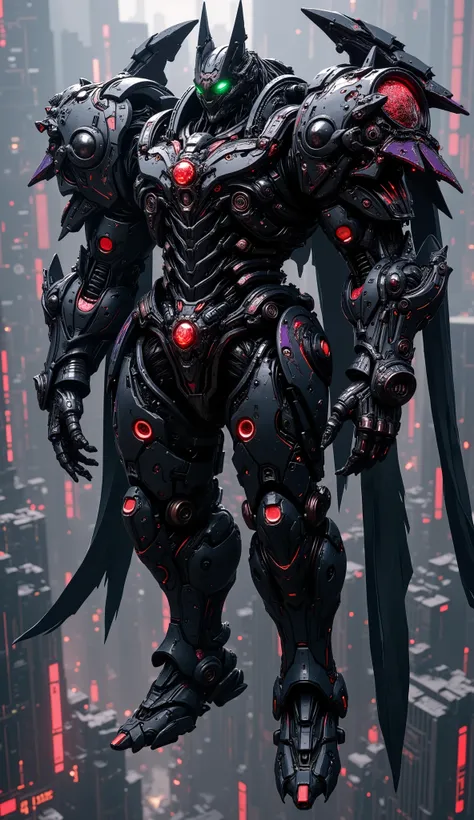 Male biomimetic humanoid Mecha, full-body, exuding both immense power and uncanny agility. Its bat-inspired organic biotech armor is predominantly obsidian black and venous crimson, with accents of spectral purple and bioluminescent green. Features include...