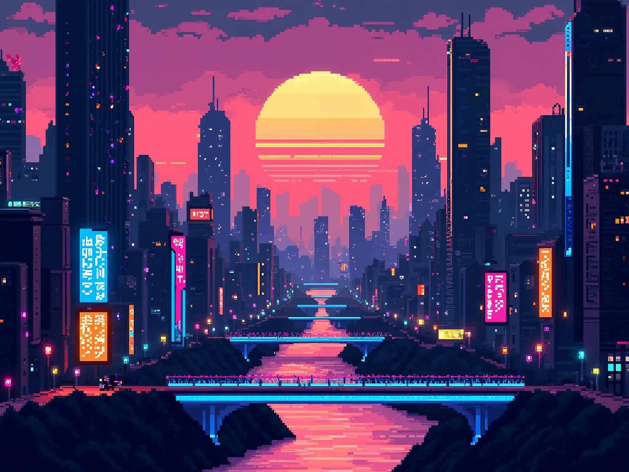 (pixel art), In a pixel art style, a sprawling futuristic cityscape unfolds under a vibrant dark theme colors. The moon hovers near the horizon, casting a warm glow over the scene. Skyscrapers tower into the sky, their windows speckled with lights, suggest...