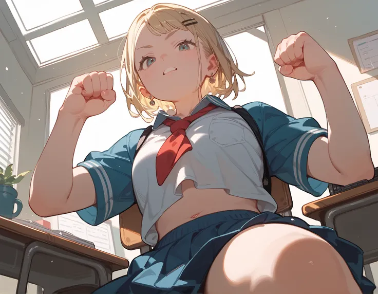 girl,  school clothes, blonde, sits on you , aggressive look, Beats, swings his fist, bottom view
