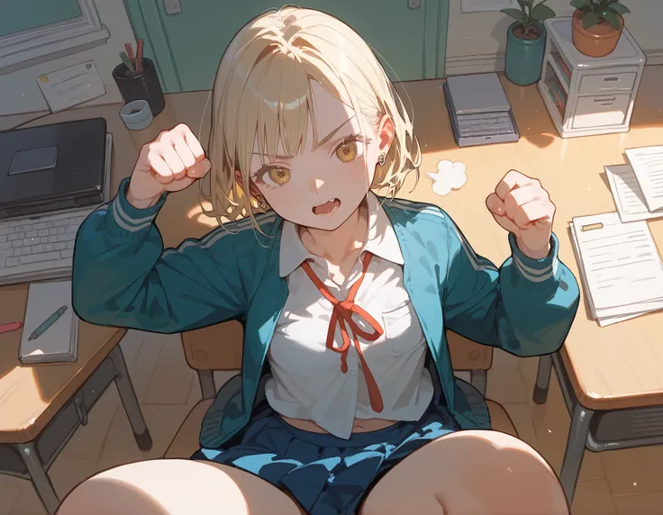 girl,  school clothes, blonde, sits on you , aggressive look, Beats, swings his fist, bottom view
