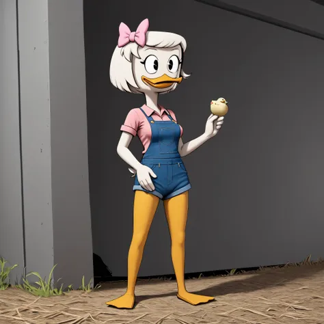 Webby_Vanderquack, zooanthropomorphic duck, com cabelos brancos, little pink ribbon on top of her head, wearing farmer's clothing, medium breasts, standing