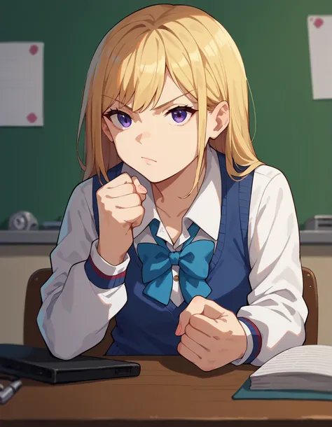 girl,  school clothes, blonde, sits on you , aggressive look, Beats, swings his fist, bottom view