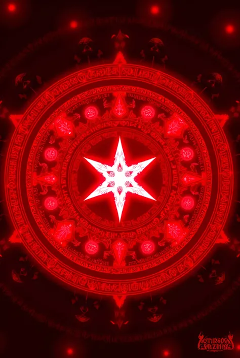 a red magic circle embodied by a 6 point star at the center and layered circles of runes