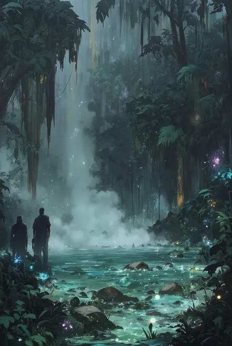 A first-person view, as if the viewer had accidentally stumbled upon a boiling mysterious and dangerous poisonous hot spring hidden deep in the rainforest. The water in the spring boils, bubbling with bubbles, shimmers with poisonous green, turquoise and b...