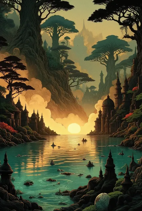 A first-person view, as if the viewer had accidentally stumbled upon a boiling mysterious and dangerous poisonous hot spring hidden deep in the rainforest. The water in the spring boils, bubbling with bubbles, shimmers with poisonous green, turquoise and b...