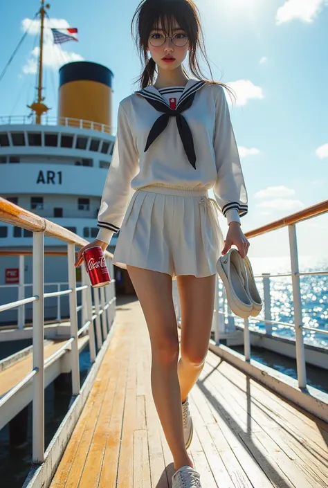 ((Highest Quality、masterpiece、high sensitivity、high resolution、detailed depiction、Delicate face、Ｆvalue：6.0),((Slender Woman、wearing glasses)),advanced digital art、sailor suit、Can of Cola in right hand、white sandals in left hand、crossing a luxury liner trap、